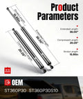 Two Pack 36 Inch Gas Struts 30 Lb Lift Supports For Tonneau Covers Toolbox Lids Cabinet Doors Floor Hatches RV Campers And Truck Toy Boxes Built Tough Lift Assist with OEM numbers and stroke length displayed.