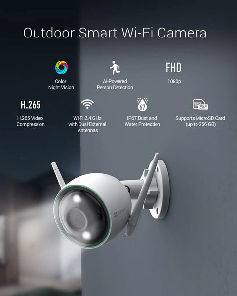 Outdoor Security Cam With Color Night Vision, AI Person Detection, 1080P, H.265, IP67 Waterproof, Custom Detection Zones, mounted on wall
