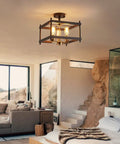 Room with Farmhouse Semi Flush Mount Ceiling Light Fixture, Steel Square 3-Light, Matte Black and Light Gold, Modern Country Lighting