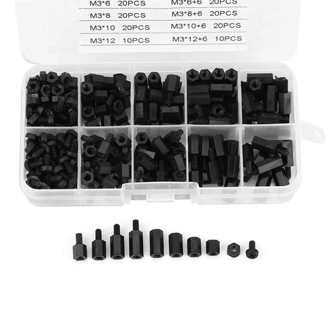 M3 Nylon Standoff Kit 300 Piece Assortment With Male And Female Screws Nuts And Spacers For PCB motherboard mounting, black nylon set in storage box
