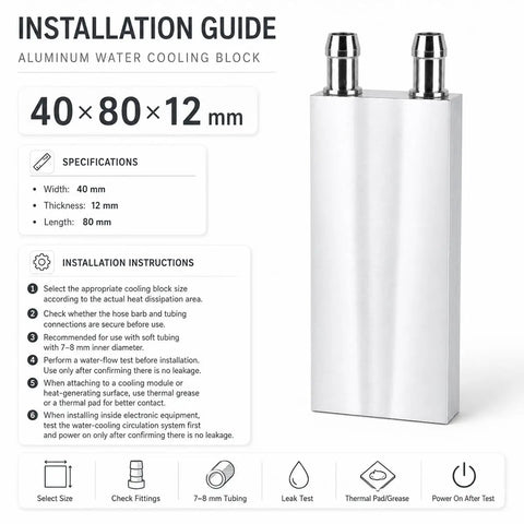 Installation guide for Premium Aluminum Water Cooling Block M Type Channel Liquid Heatsink For PC CPU 2 Pack, 40x80x12 mm.