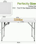 Portable 4Ft Folding Table With Fold-In-Half Design, Powder-Coated Steel Frame, Locking Joints, Non-Slip Feet, space-saving layout