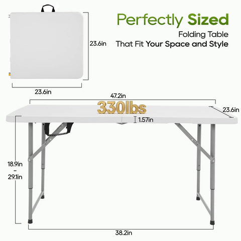 Portable 4Ft Folding Table With Fold-In-Half Design, Powder-Coated Steel Frame, Locking Joints, Non-Slip Feet, space-saving layout