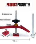 Hilitand T Track Hold Down Clamp showing dimensions and parts like M8 stainless steel screw and brass lever for DIY projects.
