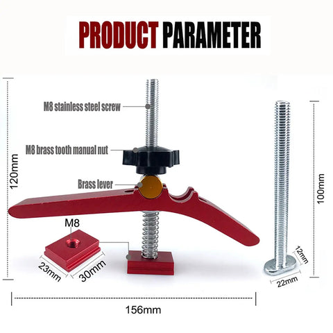 Fafeicy T Track Hold Down Clamp With Micro Adjustment For CNC Sleds Diy Fixture showing dimensions, brass lever, and screws.