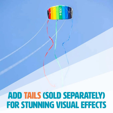 Symphony Beach III 1.3 Stunt Kite In Aqua For Dual Line Foil Sport Flying with colorful tails attached, flying in blue sky.
