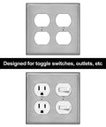 5 Pack 2 Gang Duplex Stainless Steel Wall Plate With Protective Film For Easy Removal, Standard Size, shown front and installed view
