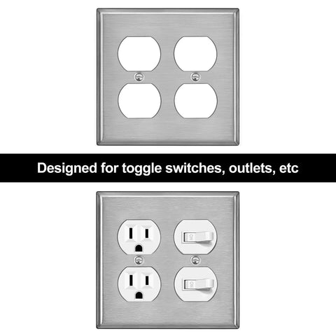 5 Pack 2 Gang Duplex Stainless Steel Wall Plate With Protective Film For Easy Removal, Standard Size, shown front and installed view