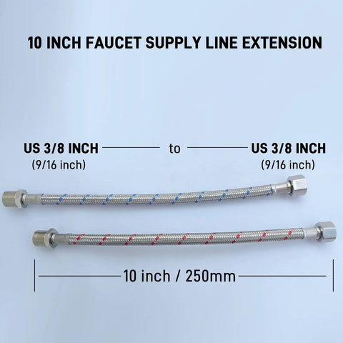 Heavy Duty Faucet Water Supply Line Extension With Three Eighths Male To Female Connectors And Rock Solid Stainless Steel Braided Sleeve, 10 inch length.