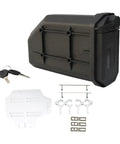 Badass Motorcycle Side Tool Box For CRF1000L Cargo Rack With Slam In Hardware and Weather Resistant Shell, featuring sturdy black metal and accessories.