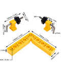 Rock Solid 90 Degree Square Kit For Flawless Right Angle Alignment On Cabinets And Picture Frames With Heavy Duty Clamps And Precision Metric And Imperial Scales Making Quick No Sweat Diy Builds A Breeze, yellow positioning squares and clamps with dimensions.