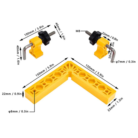 Rock Solid 90 Degree Square Kit For Flawless Right Angle Alignment On Cabinets And Picture Frames With Heavy Duty Clamps And Precision Metric And Imperial Scales Making Quick No Sweat Diy Builds A Breeze, yellow positioning squares and clamps with dimensions.