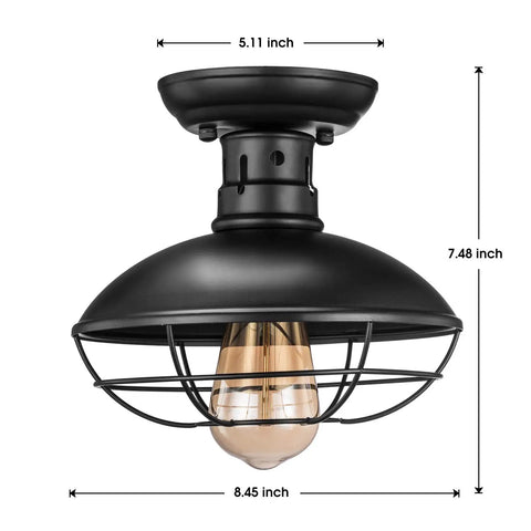 Farmhouse Flush Mount Ceiling Light Fixture With Industrial Metal Black Cage Rustic Style Close To Ceiling Lighting For Hallway Kitchen Entryway 2 Pack UL Listed, dimensions labeled