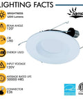 Samsion Smooth Reflector Trim Retrofit Kit, 6 Inch Dimmable LED 5CCT Downlight lighting facts and features infographic.