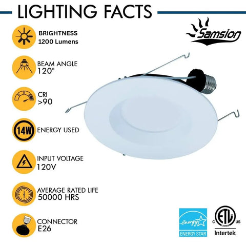 Samsion Smooth Reflector Trim Retrofit Kit, 6 Inch Dimmable LED 5CCT Downlight lighting facts and features infographic.