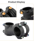 Top Performance M5x18mm Titanium Bike Stem Bolts With Dope Red Pvd Finish And 4Mm Socket Hex Heads close-up showing black bike stem with colorful bolts.