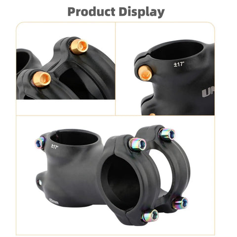 Top Performance M5x18mm Titanium Bike Stem Bolts With Dope Red Pvd Finish And 4Mm Socket Hex Heads close-up showing black bike stem with colorful bolts.