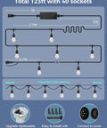 123 Ft Outdoor Color Changing String Lights With RGB CWIC LEDs showcasing configuration and distance between sockets.