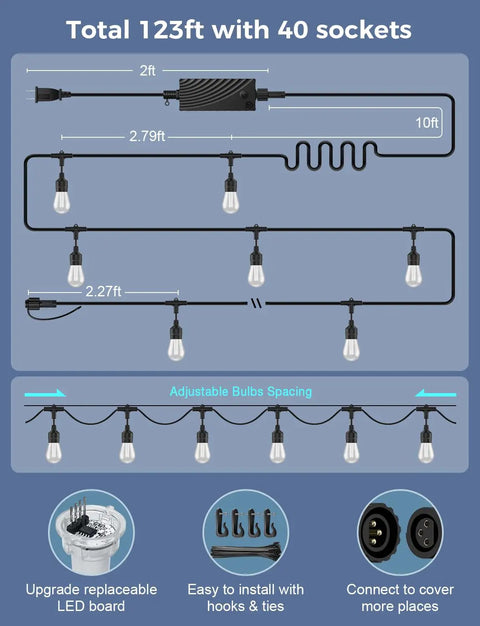 123 Ft Outdoor Color Changing String Lights With RGB CWIC LEDs showcasing configuration and distance between sockets.