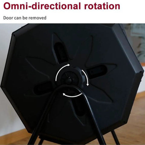 Close-up of Dual Chamber Outdoor Tumbling Compost Bin with Lid, showing omni-directional rotation feature and removable door on stand