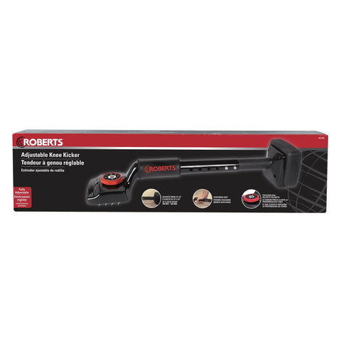 Economy Adjustable Knee Kicker in packaging, black finish, aluminum and steel construction, length 19–23in, visible on box