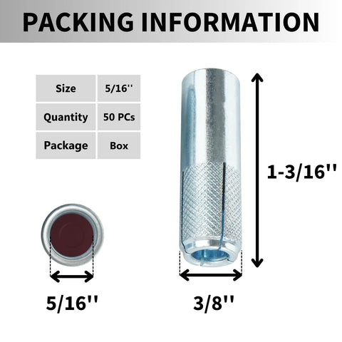 Drop In Concrete Anchors 50 Pack 5/16-18 Zinc Plated Internal Forced Expansion Bolts packaging details