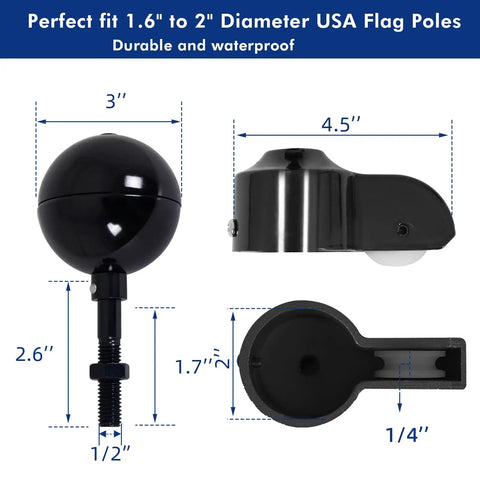 Flagpole Pro Grade Heavy Duty Hardware Repair Kit With 50 Ft Halyard Rope 3 Inch Gold Ball Topper 6 Inch Zinc Alloy Cleat Four Metal Swivel Snap Clips And Aluminum Flagpole Truck For 2 Inch Diameter Poles dimensions shown
