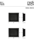 Double Recessed Shower Niche With Two Shelves, 14 In High By 32 In Wide, Black, Ready To Tile, front and side view dimensions