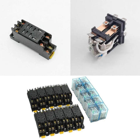 Five Pack DC 12V Coil Power Relay DPDT Eight Pin 10A with Socket Base LY2NJ HH62P JQX-13F components for DIY projects.