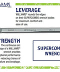 Williams supercombo wrench with rounded edges for comfort, focusing on leverage and strength, showing manufacturer details.