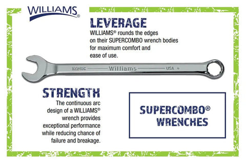 Williams supercombo wrench with rounded edges for comfort, focusing on leverage and strength, showing manufacturer details.