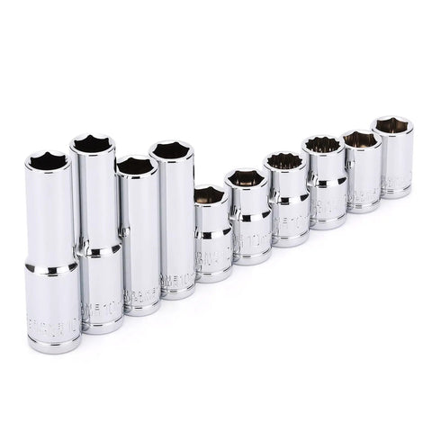 Impact Socket Set With One Quarter Inch And Three Eighths Inch Drives, Deep And Shallow Sockets, 10mm Metric, Mirror Chrome Finish, 6 Point And 12 Point Design, Laser Etched And Roll Stamped For Easy Identification