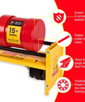 15 Pound Rock Tumbler Kit With Grit Included showing durable steel frame, red 15 lb barrel, and detailed features for polishing.