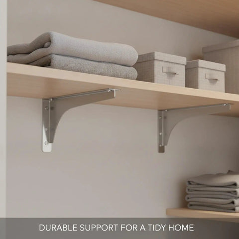 Rock Solid Sturdy Stainless Steel Wall Shelf Bracket Heavy Duty Mount for garage closet shelving with folded towels and boxes