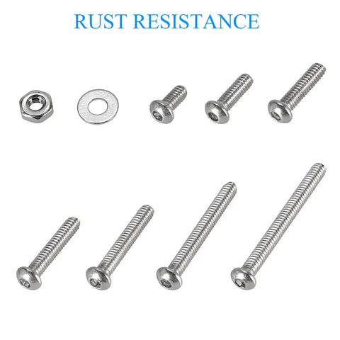 410 Piece Tiny Button Head Hex Socket Cap Screws Kit In 304 Stainless Steel With M2 Through M20 Sizes Zero Point Four Millimeter Pitch Includes Nuts Washers And Hex Keys For Micro Fastening Projects