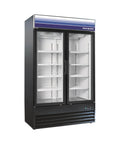 Fifty Three Inch Two Door Glass Merchandiser Cooler With Forty Five Cubic Feet Of Storage Digital Temperature Controls And Adjustable Rack, visible interior with adjustable shelves.