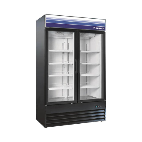 Fifty Three Inch Two Door Glass Merchandiser Cooler With Forty Five Cubic Feet Of Storage Digital Temperature Controls And Adjustable Rack, visible interior with adjustable shelves.
