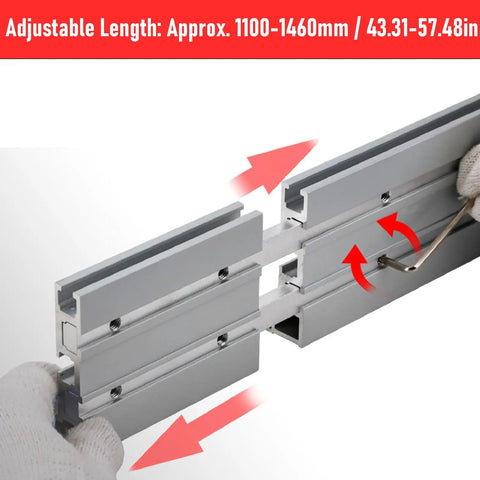 Heavy Duty T Track Miter Gauge Fence With Smooth Telescoping Slider For Table And Router Saw adjustable length shown with slider