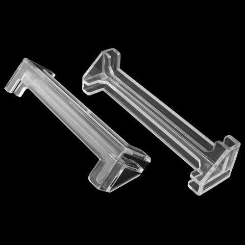 Solid As A Rock Plug And Play Four Piece 3.5 Inch Transparent Vertical Blind Valance Corners and Dust Cover Clips on black background.