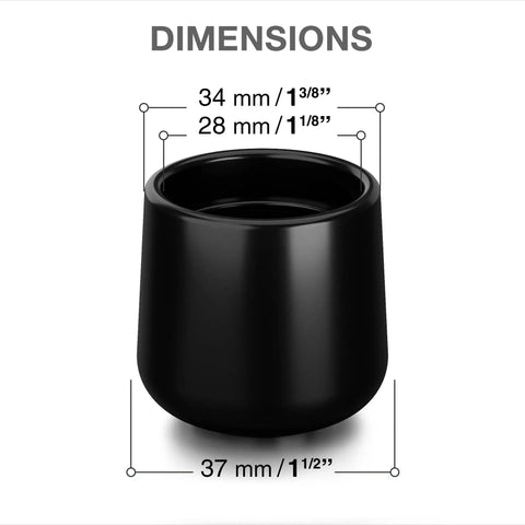 Heavy Duty Rubber Chair Leg Caps Total Game Changer For Hardwood Floors Keep Your Space Looking Crisp Anti Scratch showing dimensions of rubber caps in black.