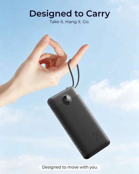 Hand holding the Total Game Changer Portable Charger With Four Built In Cables And Massive Twenty Thousand Mah Fast Charging Power Bank, ideal for travel.