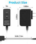 6V 2A Power Supply Adapter For ProForm Elliptical Smart Strider 480 490 500 600 LE 390 395 475 510 E 510EX Replacement Charger Cord 9.8 Ft Cable With Short Circuit Overload And Overvoltage Protection showing dimensions