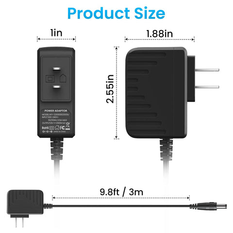 6V 2A Power Supply Adapter For ProForm Elliptical Smart Strider 480 490 500 600 LE 390 395 475 510 E 510EX Replacement Charger Cord 9.8 Ft Cable With Short Circuit Overload And Overvoltage Protection showing dimensions