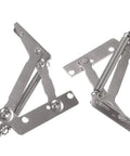 Two Pack 80 Degree Sprung Cabinet Hinges Lift Up Stay Flap Top Support in stainless steel with springs and mounting holes visible.
