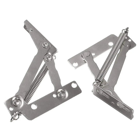 Two Pack 80 Degree Sprung Cabinet Hinges Lift Up Stay Flap Top Support in stainless steel with springs and mounting holes visible.