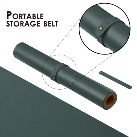 Dual Sided Desk Mat With Eco Friendly Cork And PU Leather Surface For Office And Home Large 90 Cm By 43 Cm Desk Pad Perfect For A Big Mouse Pad And A Slick Desk Setup Dark Green, rolled with storage belt.
