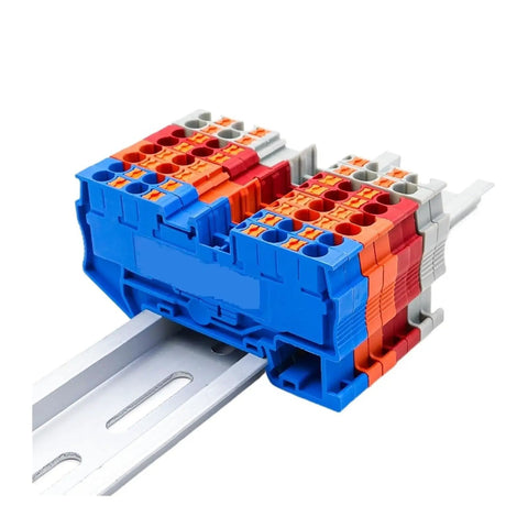 50 Pack PT 2.5 Quattro 4 Wire Terminal Block For DIN Rail With Spring Clamp Quick Safe Electrical Connection, mounted on rail
