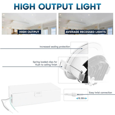Diagram of 3 Inch LED Recessed Ceiling Light Kit With Junction Box, 10W, 5 CCT Selectable, highlighting sealing and connection features.