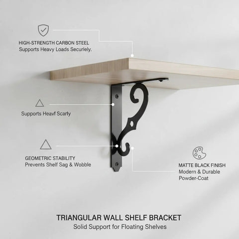 Beefy Triangular Carbon Steel Wall Mount Shelf Bracket For Floating Shelves Heavy Duty Support Matte Black Finish For Modern Industrial Home Decor 1 Pack Great For Display showing geometric stability and matte black finish.