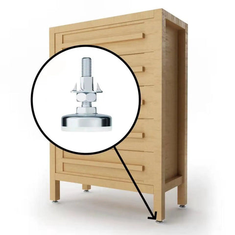 4 Pack Leveling Feet With Grip Base For Furniture Heavy Duty Steel T Nut Adjustable Height Feet installed on wooden cabinet